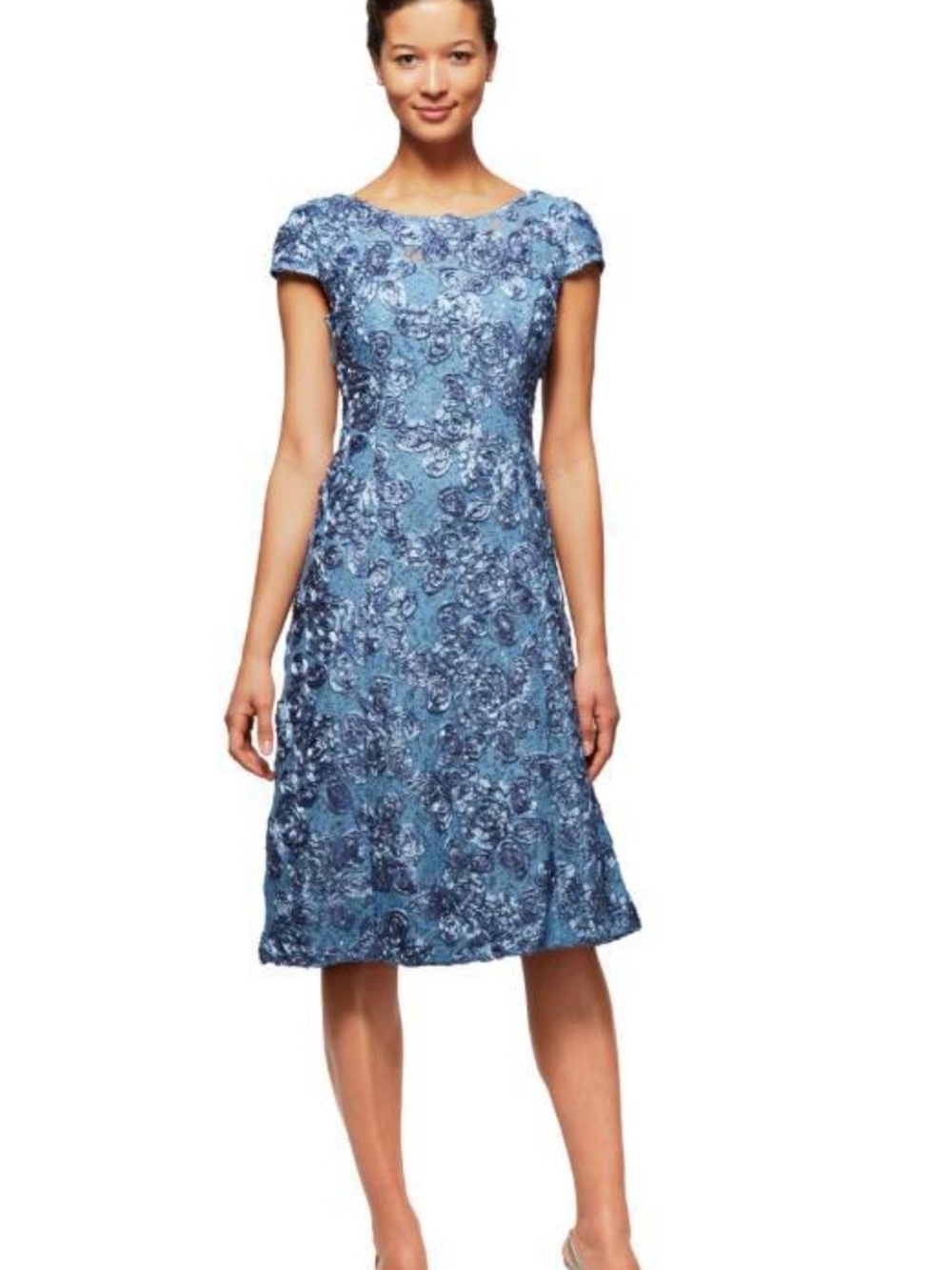 Alex Evenings Blue Floral Cap-Sleeve Jacquard Dress